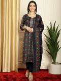 Jyoti Fashion Women's Navy Blue Pashmina Floral Digital Printed Kurta with Trouser & Dupatta