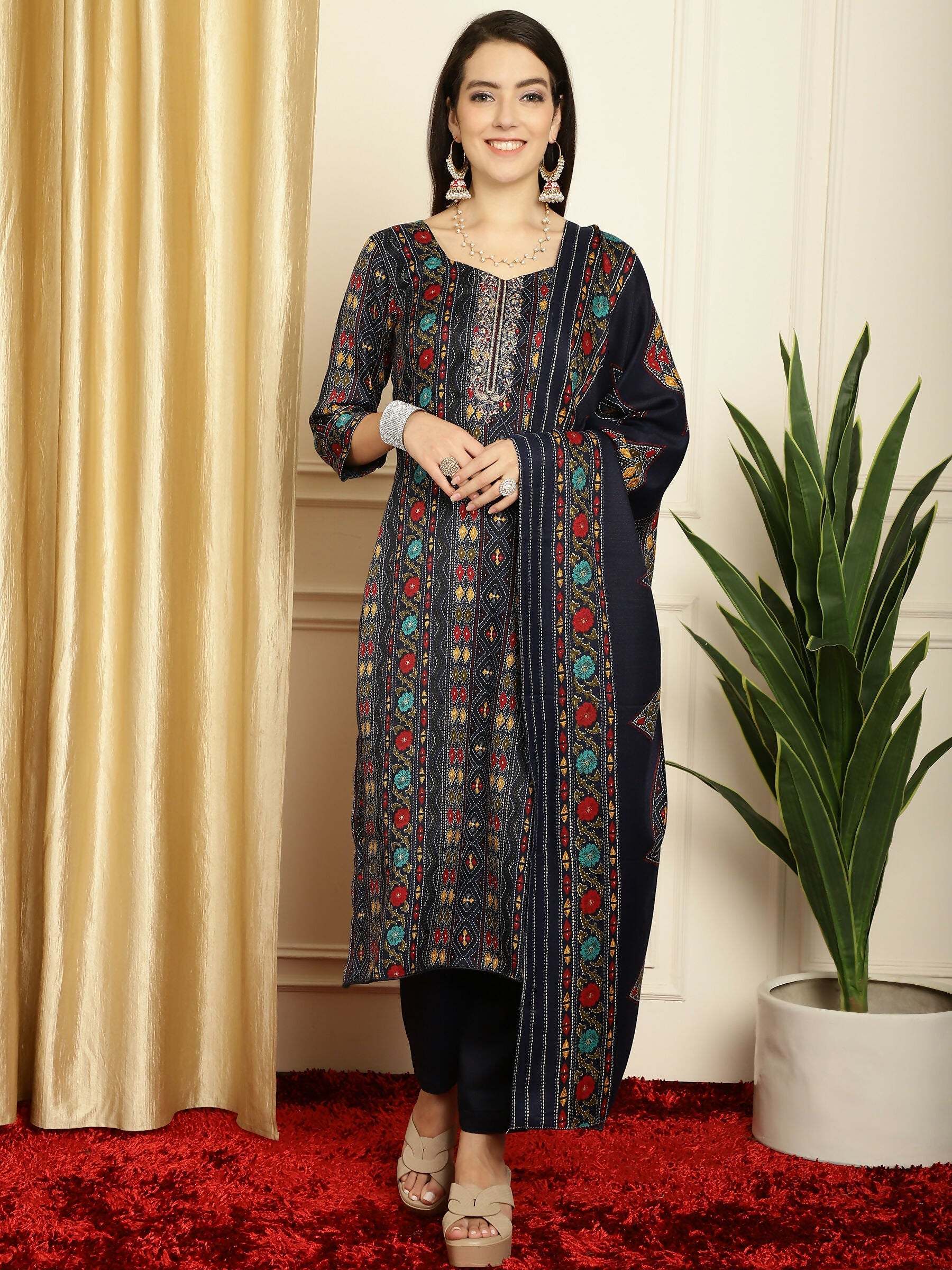 Jyoti Fashion Women's Navy Blue Pashmina Floral Digital Printed Kurta with Trouser & Dupatta