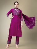 Women's purple cotton blend straight kurta with embroidery and lace work paired with matching trousers and dupatta.