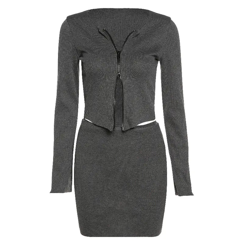 Women's Autumn Winter Long Sleeve Zip Cardigan Set