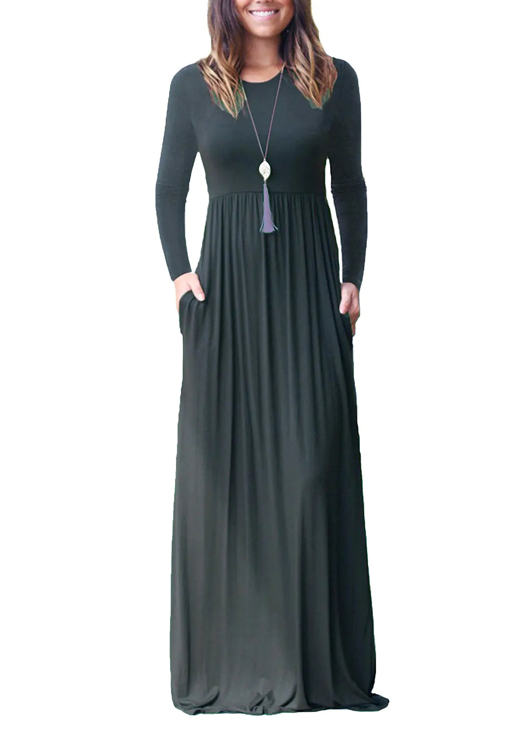 Women's Long Sleeve Maxi Dress with Elastic Waist and Pockets - Image 49
