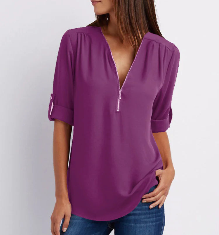 Women's Plus Size V-Neck Zip Chiffon Shirt