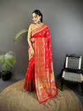 Carmine red soft silk Patola saree featuring intricate geometric patterns