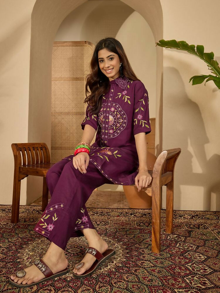 Purple Roman Silk Embroidered Kurta Set with Shirt Collar