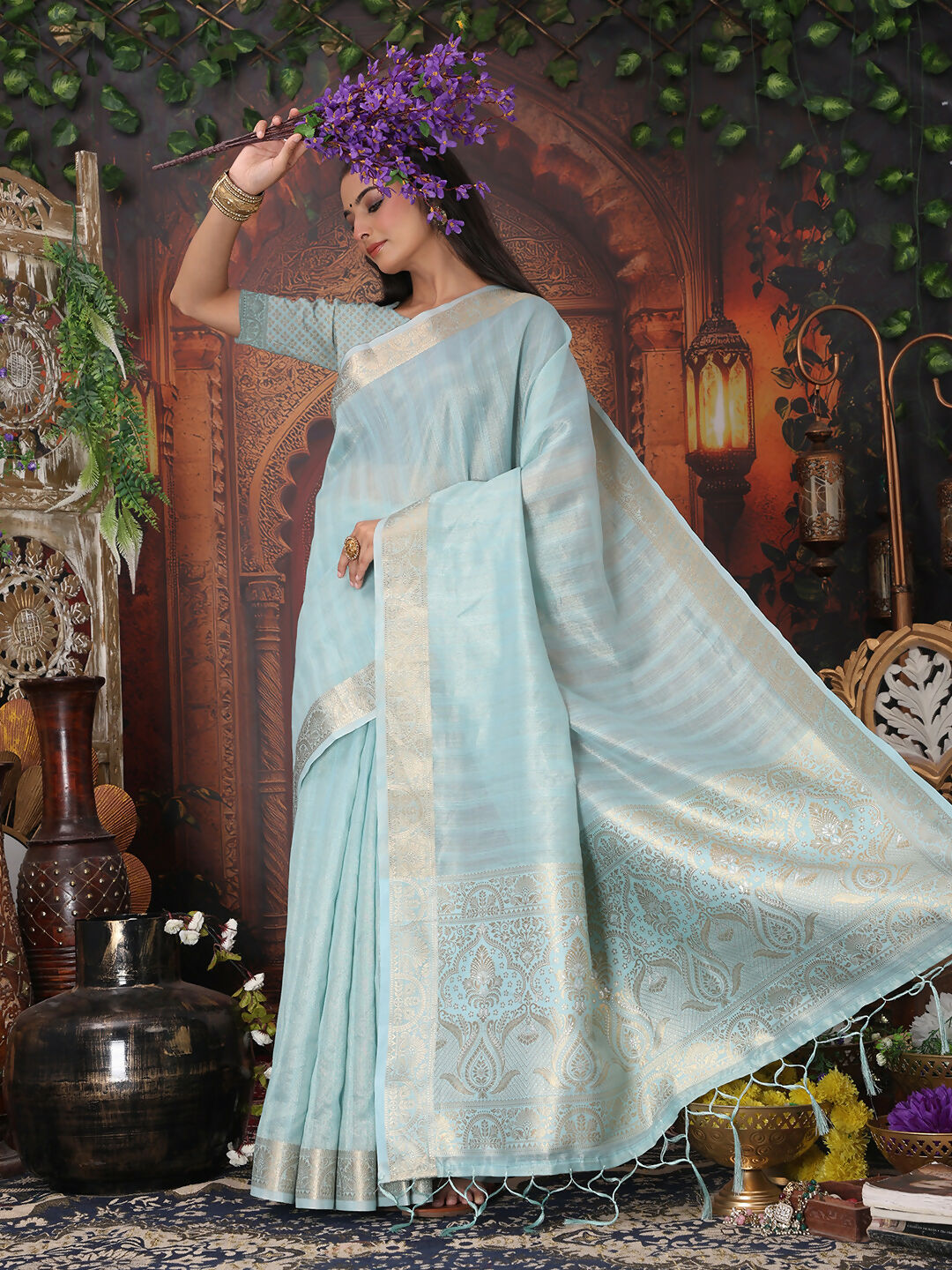 Sky Blue Organza Saree with Matching Blouse Piece