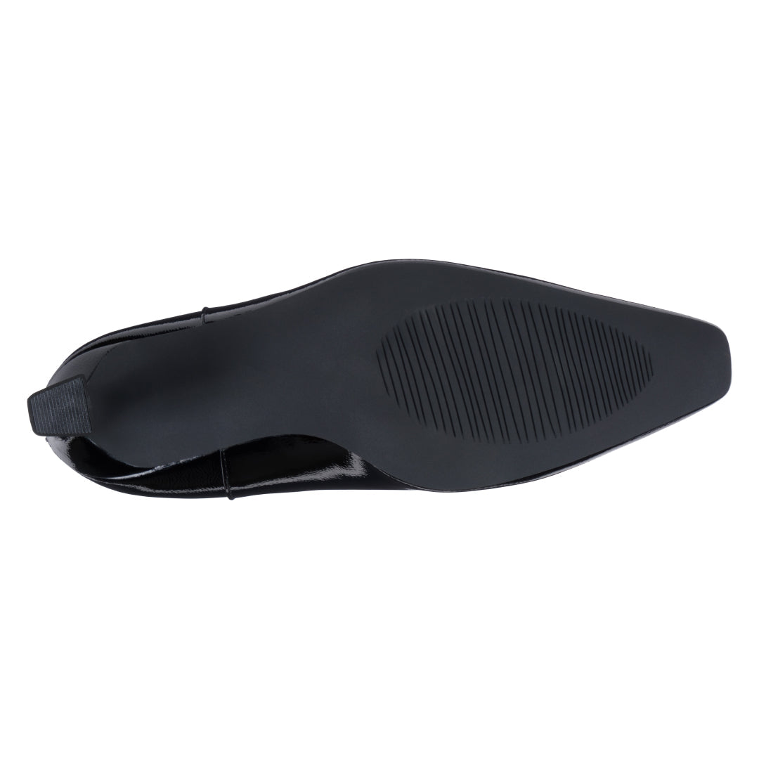 Women's Marcel Black Glossy Pointed Toe Bootie with Flared Heel