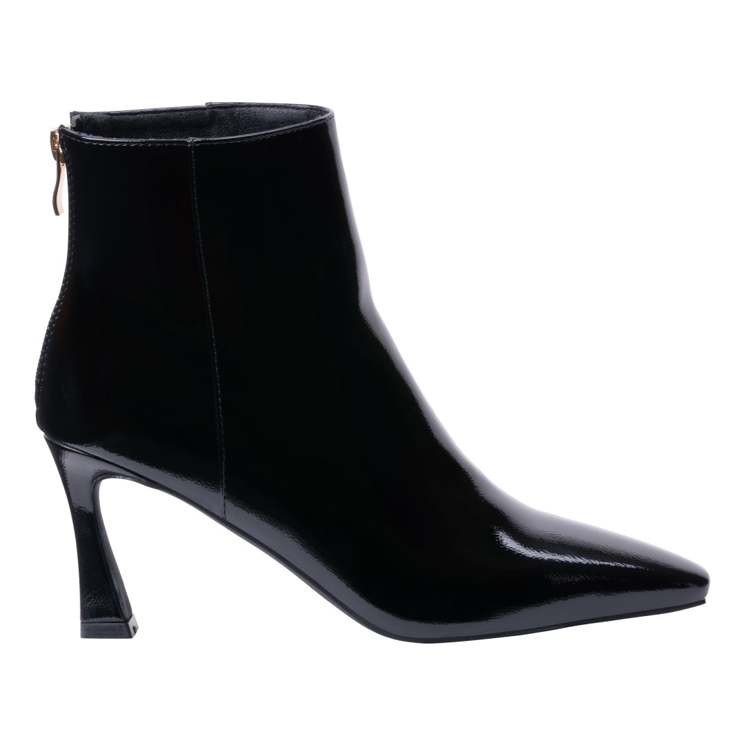 Women's Marcel Black Glossy Pointed Toe Bootie with Flared Heel