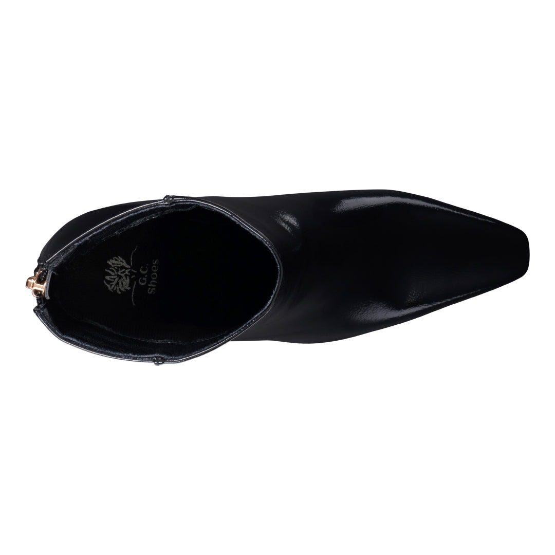 Women's Marcel Black Glossy Pointed Toe Bootie with Flared Heel