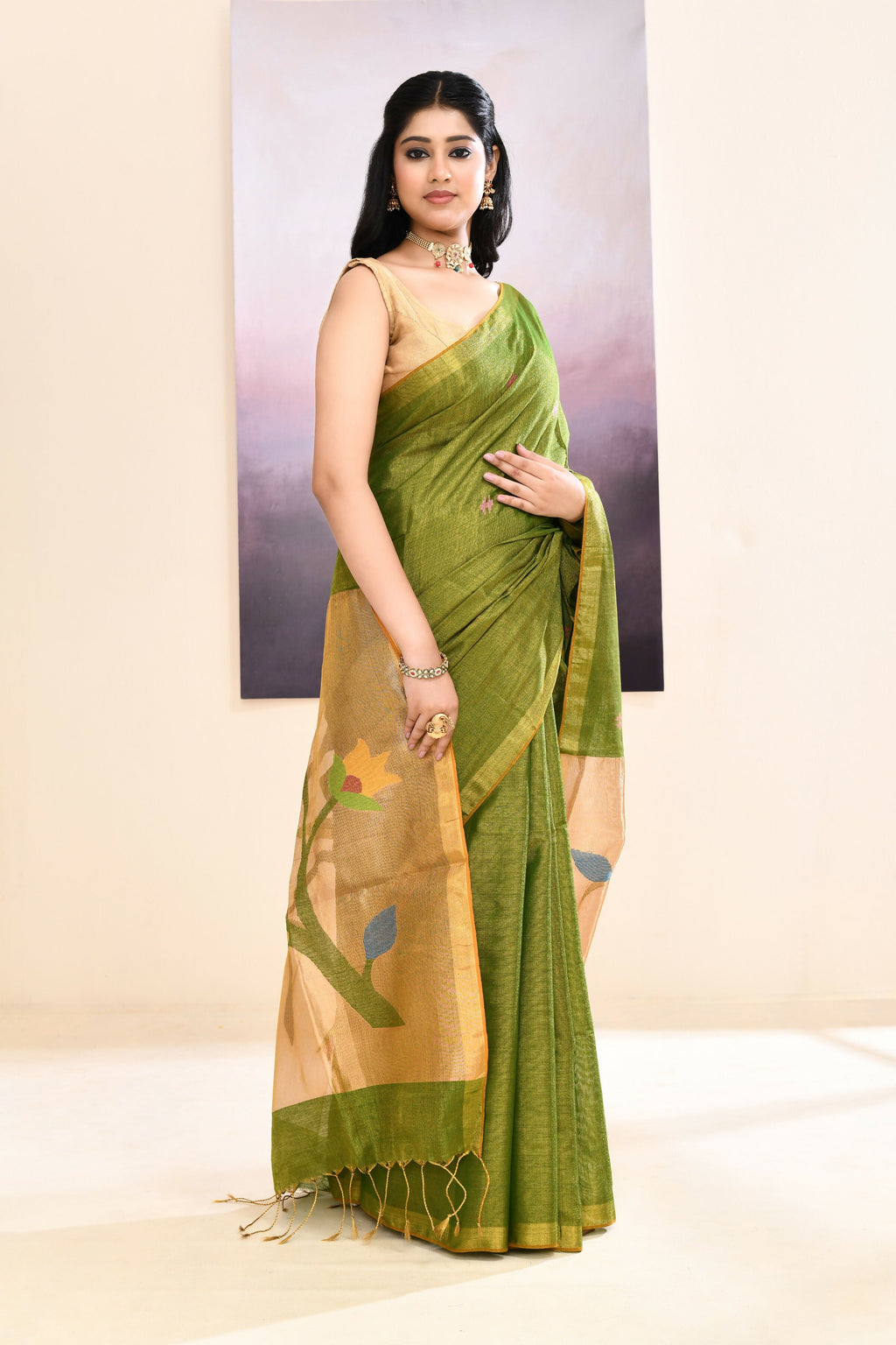 Olive Embellished Tissue Jamdani Saree with Elegant Sheen