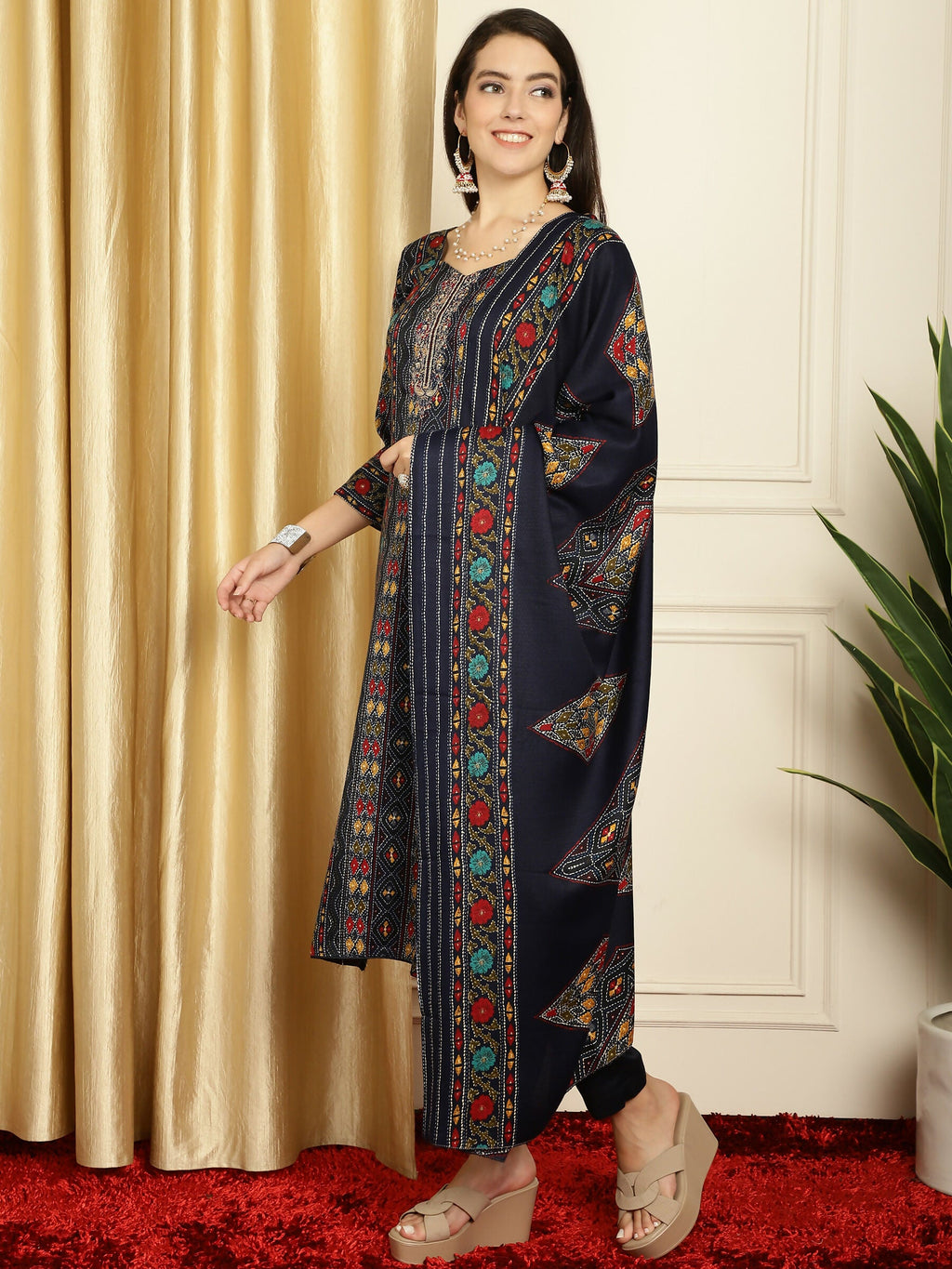Jyoti Fashion Women's Navy Blue Pashmina Floral Digital Printed Kurta with Trouser & Dupatta