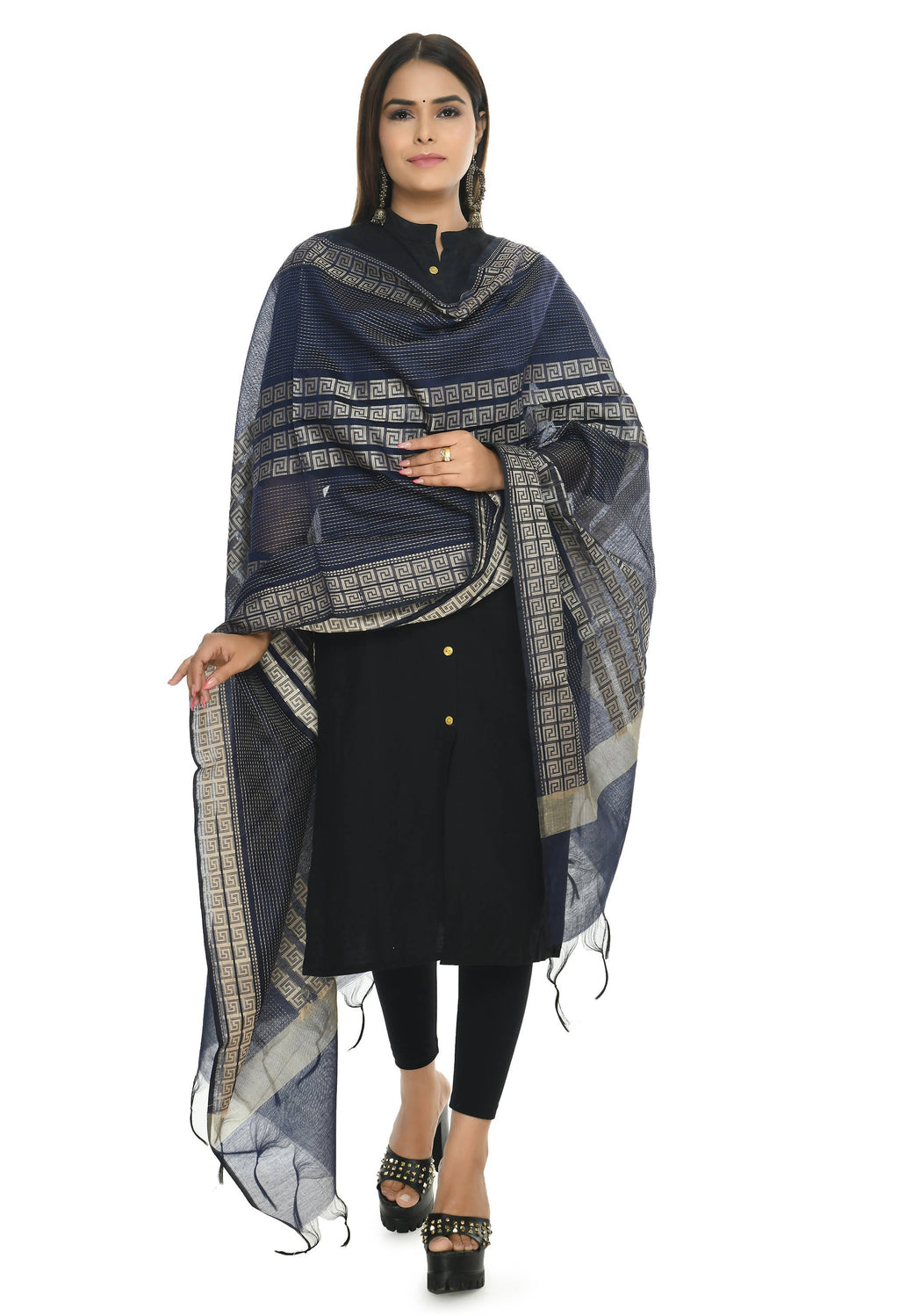 Deep navy blue handloom cotton dupatta