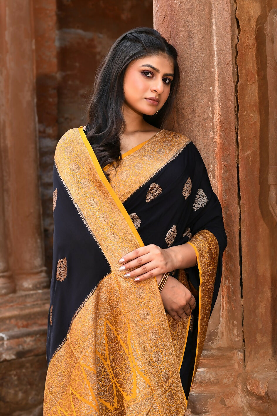 Black Crepe Chiffon Pure Handloom Banarasi Silk Saree
