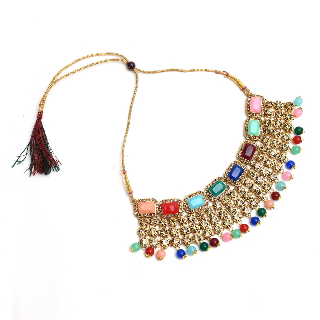 Heavy Rajwadi Design Multi-Color Gold-Polished Necklace Set