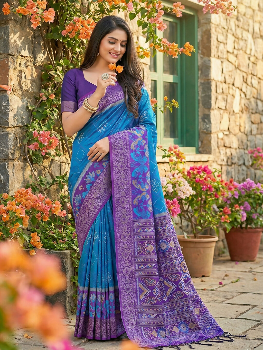 Blue Pochampally silk saree with traditional geometric patterns