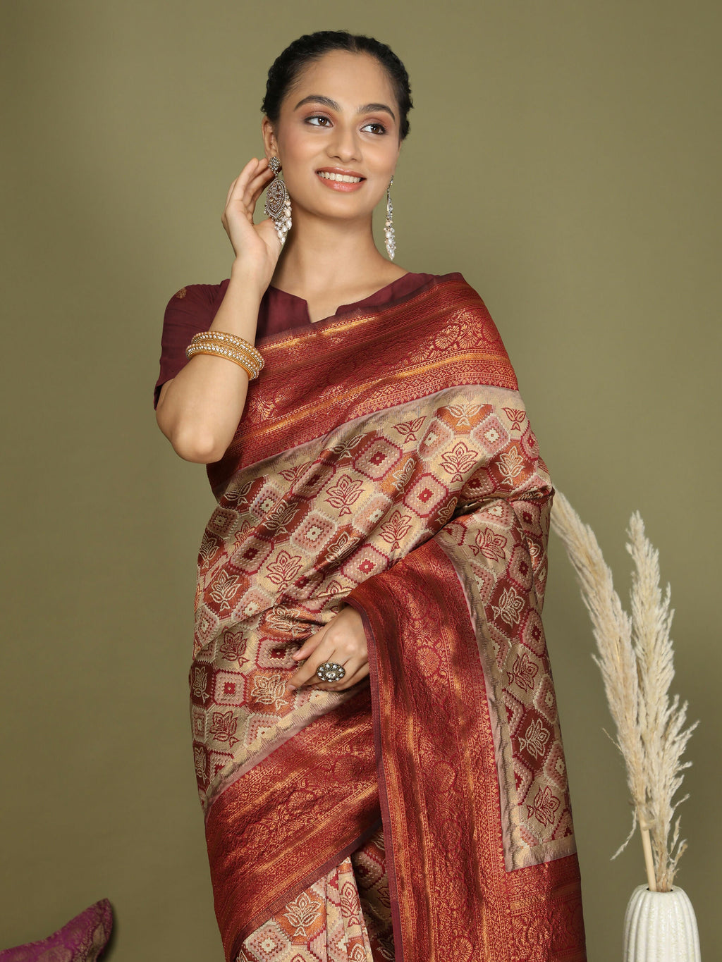 Cream Lichi Silk Saree with Red Blouse