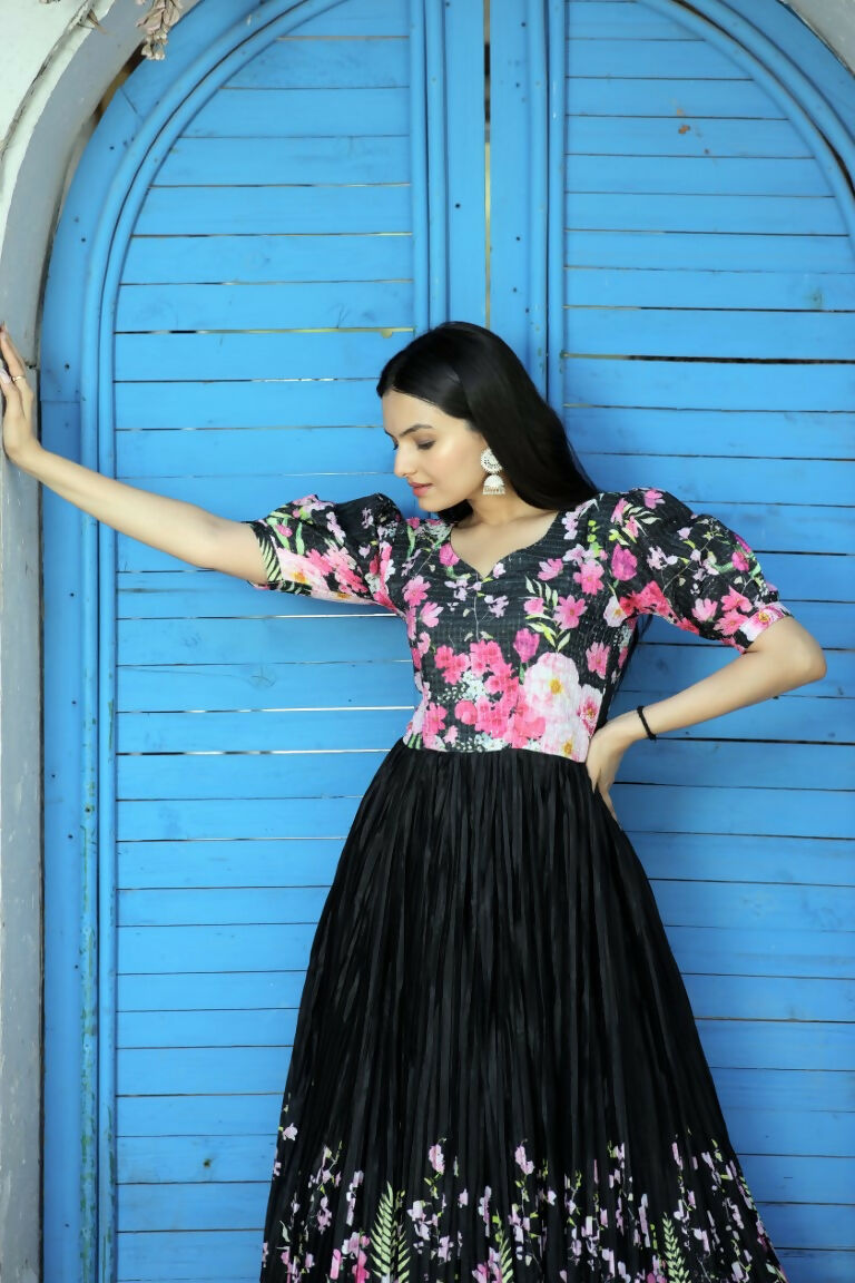 Black Floral Digital Printed Chinon Floor Length Anarkali Dress