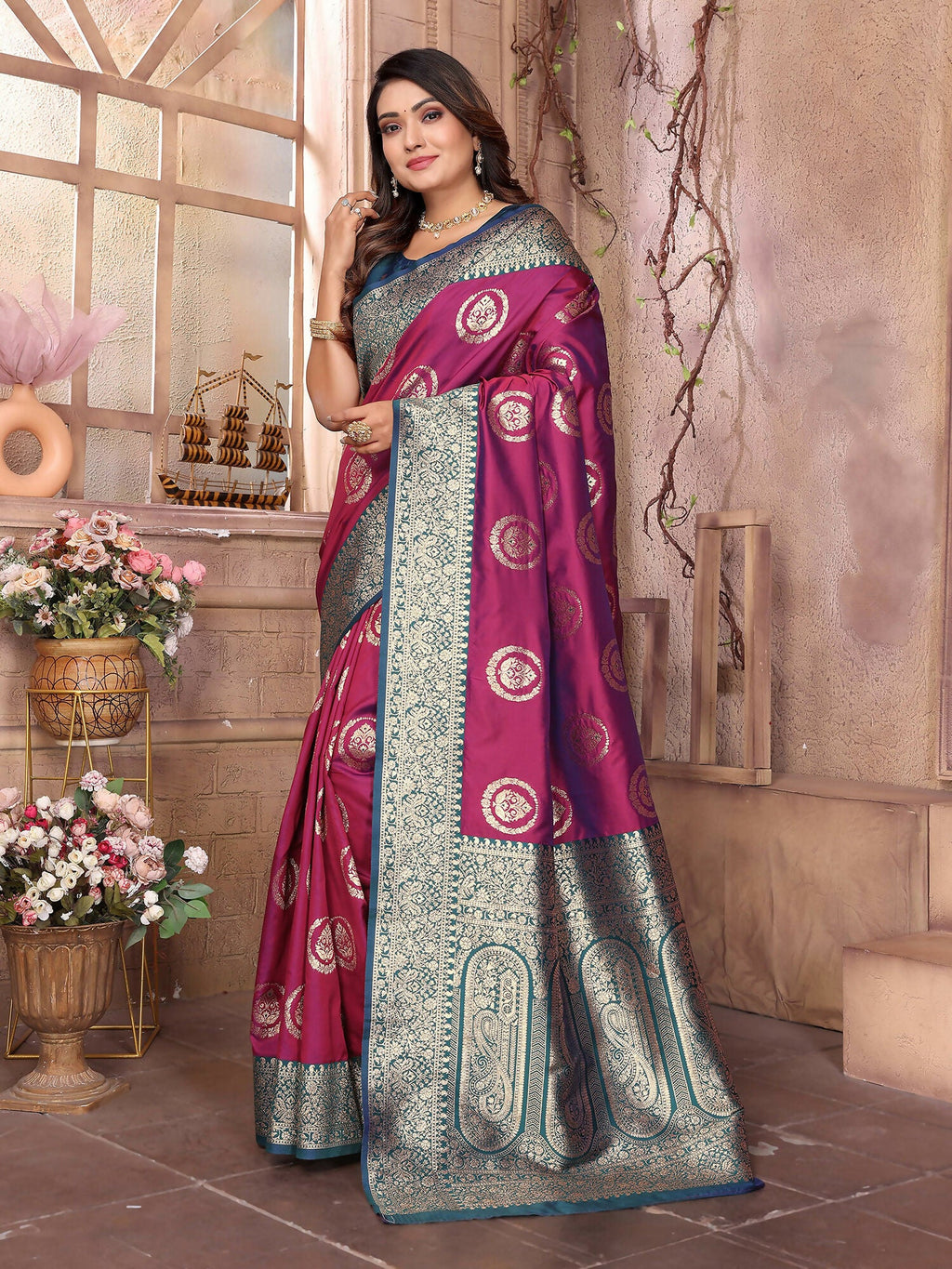 Magenta Banarasi Soft Silk Woven Saree for Weddings