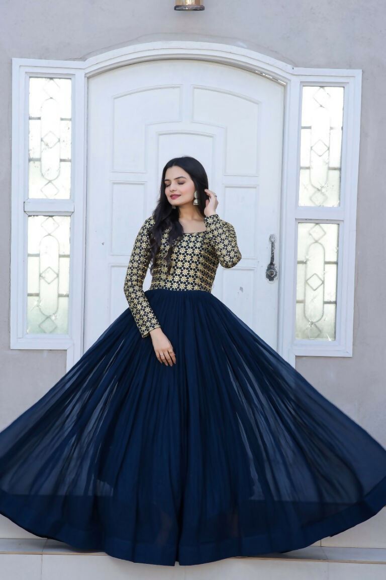 Navy Blue Sequence Zari Embroidered Faux Blooming Dress