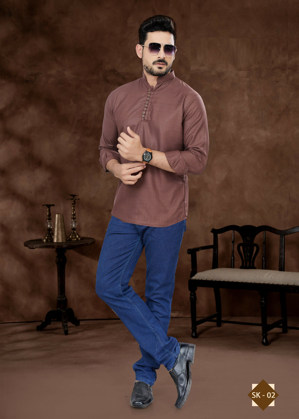 Men wearing a plain brown pure cotton short kurta, 36-inch length