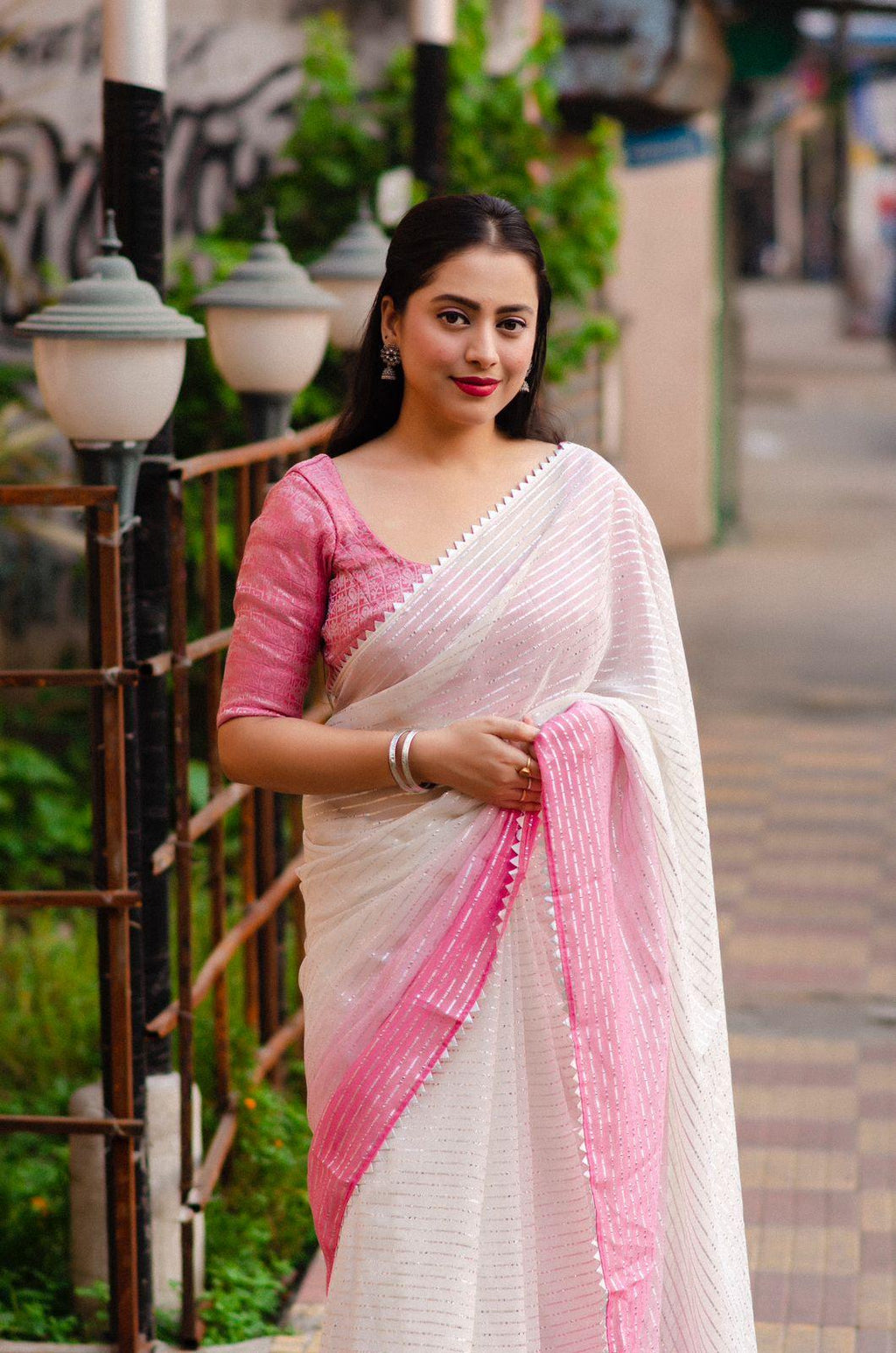 Pink Poly Chiffon Striped Saree with Patola Blouse
