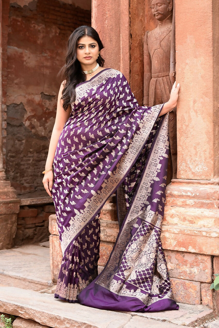 Plum Purple Katan Pure Handloom Banarasi Silk Saree