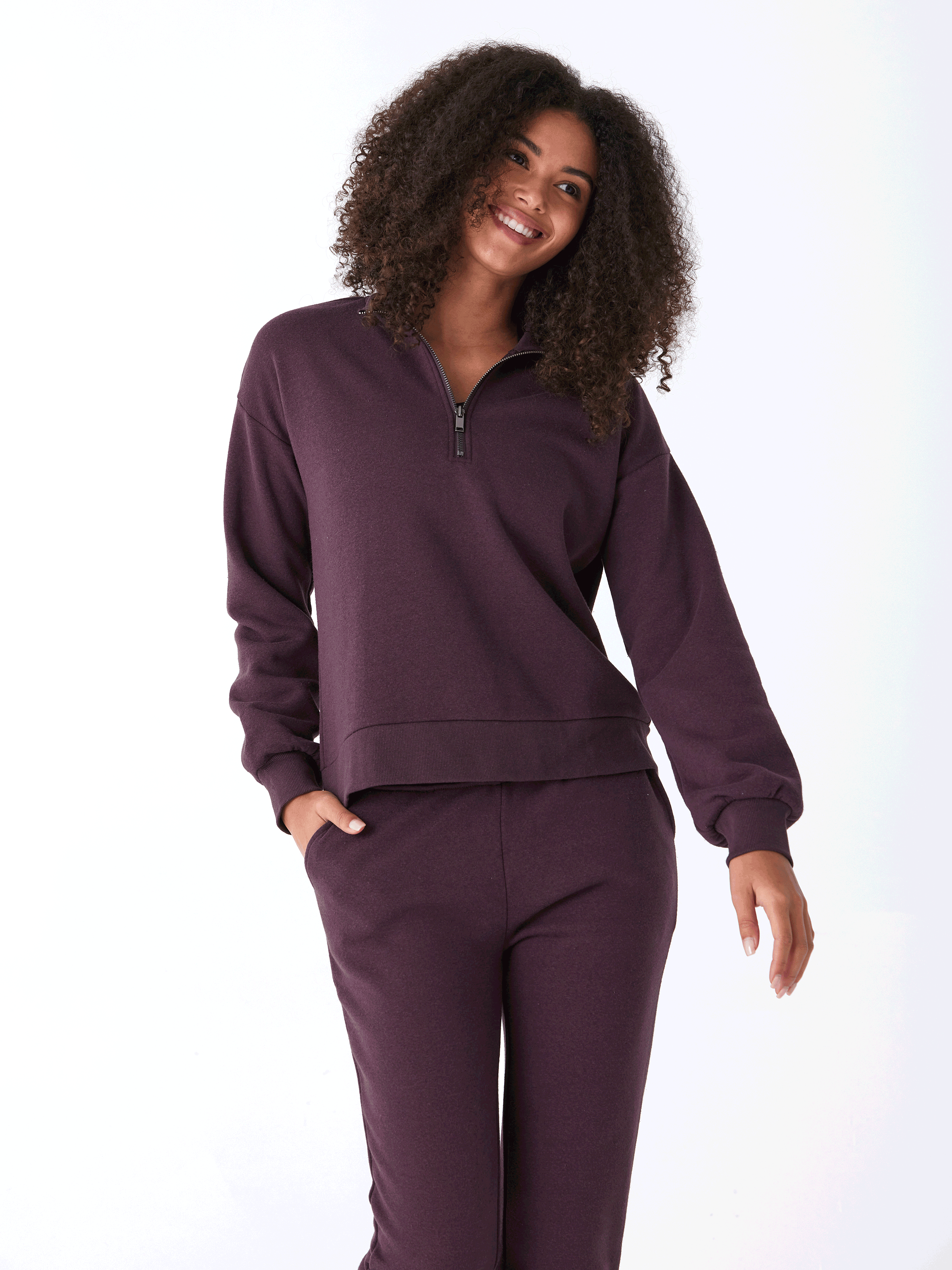 Constance Triblend Fleece Half Zip Pullover in Dark Purple
