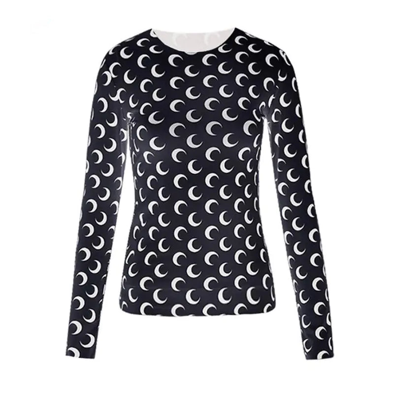 Women long-sleeve crew neck shirt featuring a repeating moon print pattern