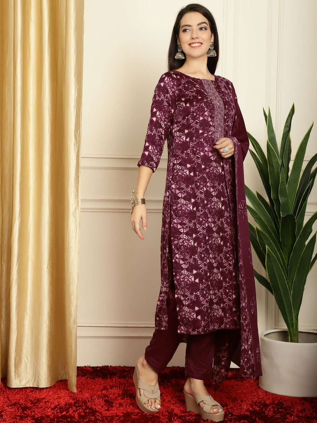 Women's Wine Pashmina Straight Kurta Set with Digital Floral Print