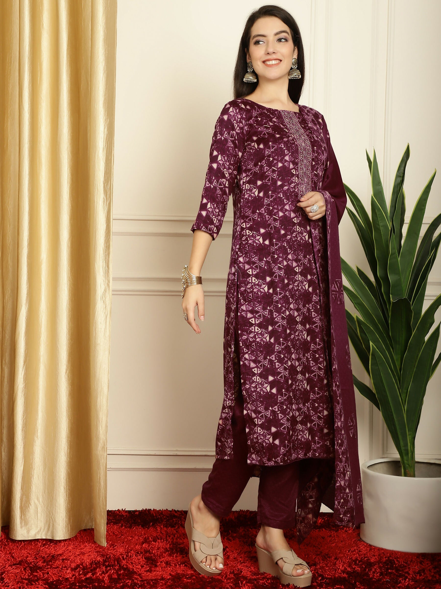 Women's Wine Pashmina Straight Kurta Set with Digital Floral Print