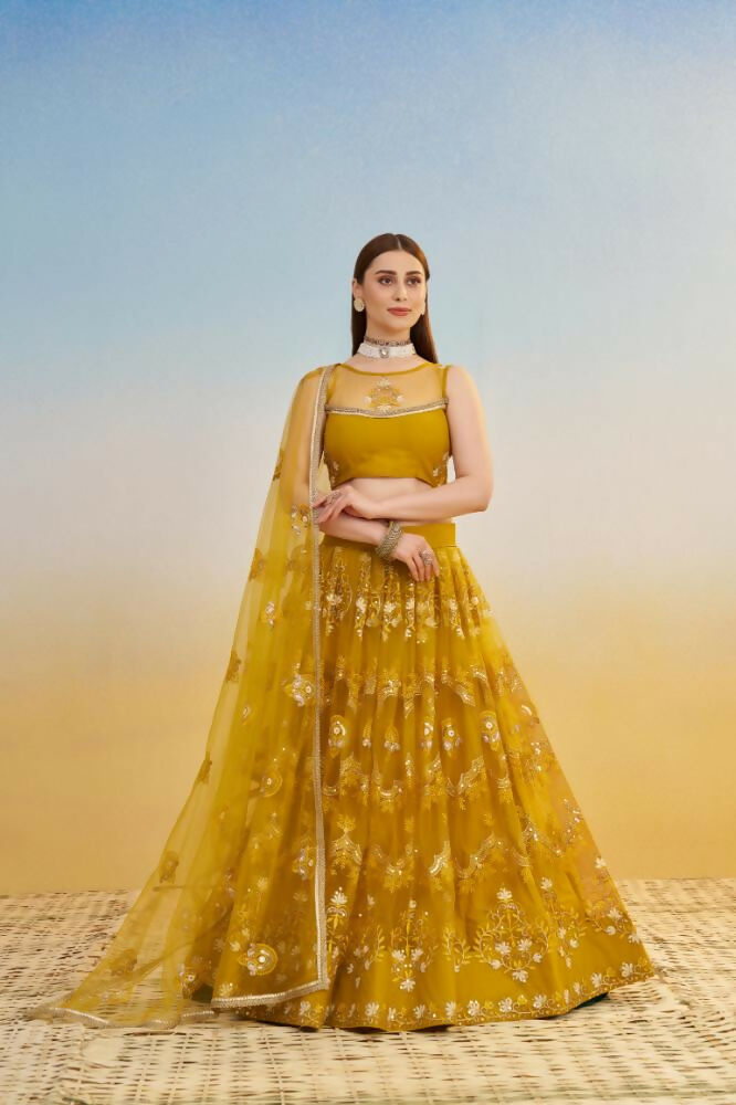 Mustard Yellow butterfly net lehenga with tone-on-tone thread and sequence embroidery