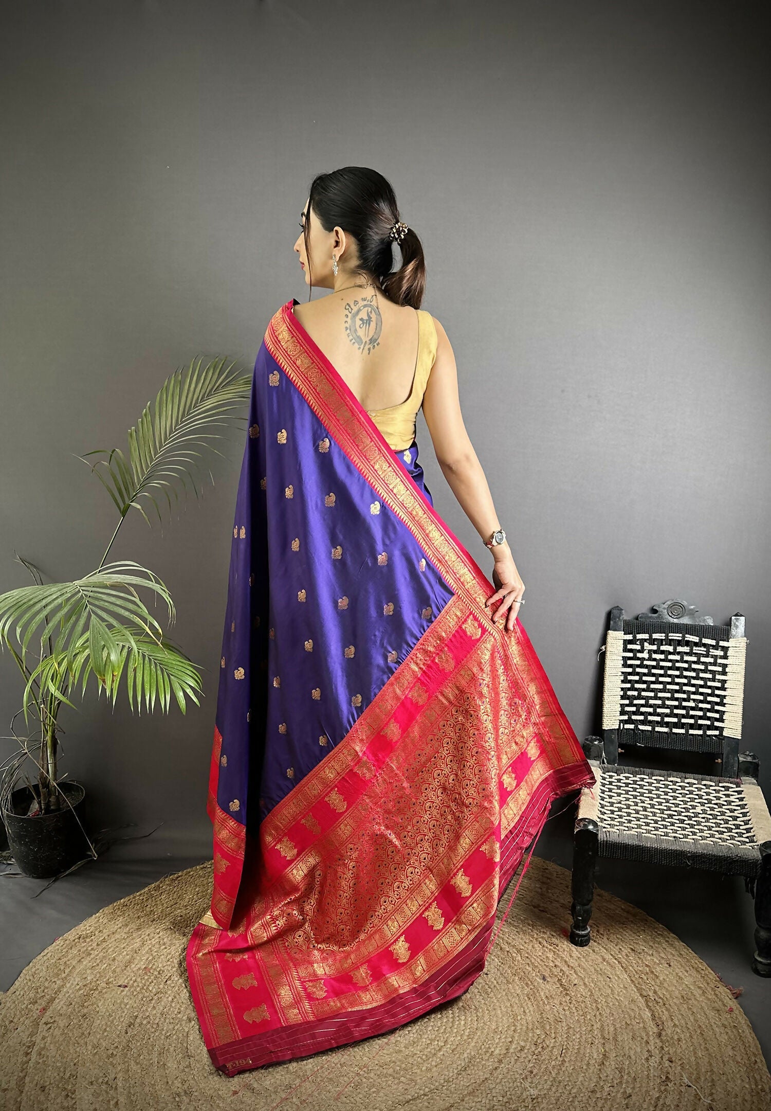 Navy Blue Banarasi Soft Silk Woven Butti Saree