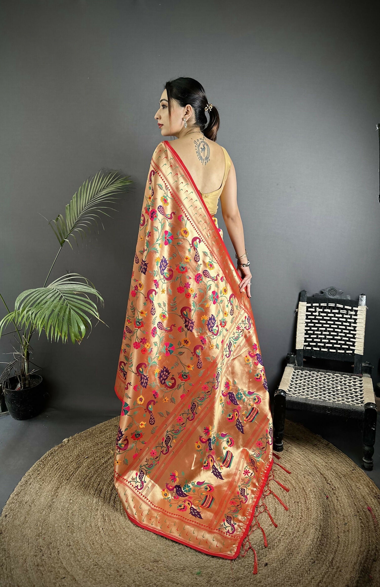 Pastel Red Soft Silk Paithani Saree with Peacock and Floral Motifs
