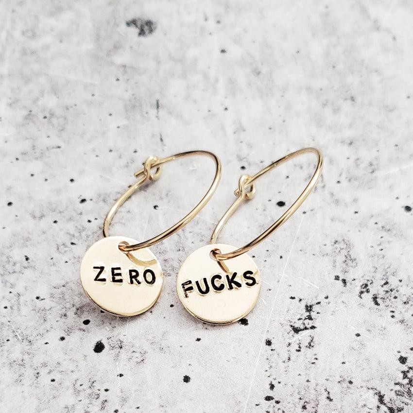 Zero Fucks Hoop Earrings Hand Stamped Statement Disc Jewelry - Image 2