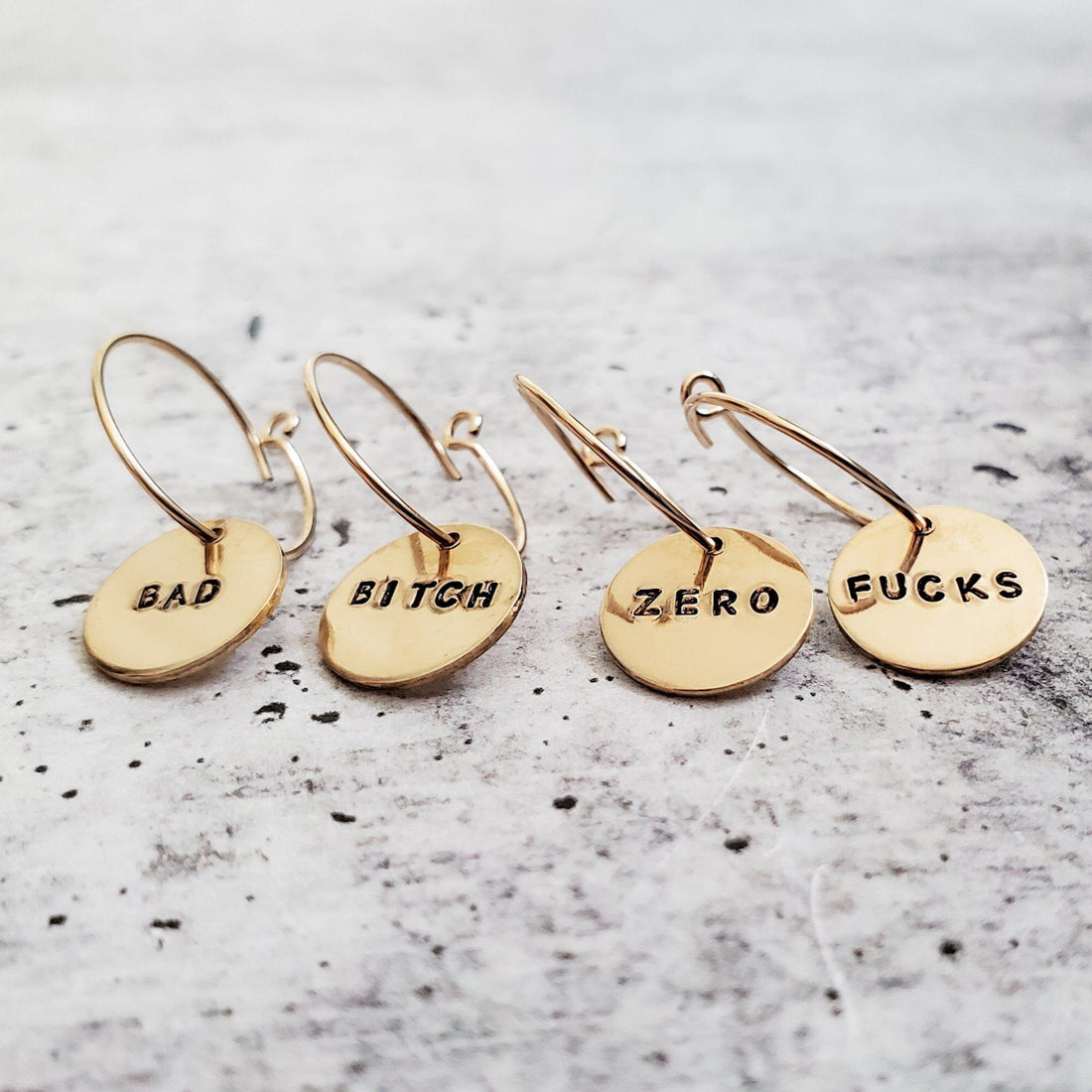 Zero Fucks Hoop Earrings Hand Stamped Statement Disc Jewelry - Image 3
