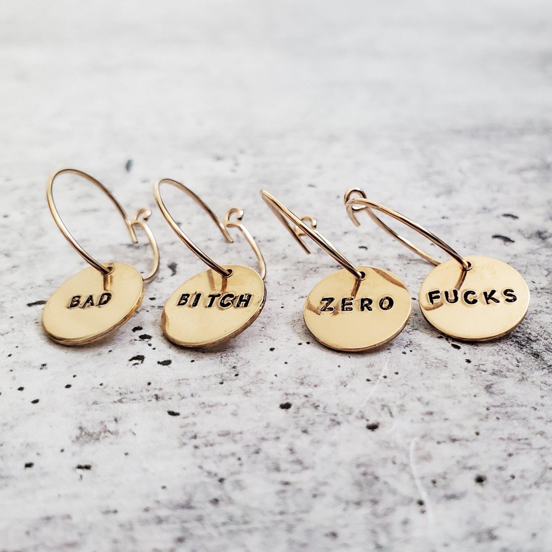 Zero Fucks Hoop Earrings Hand Stamped Statement Disc Jewelry - Image 3