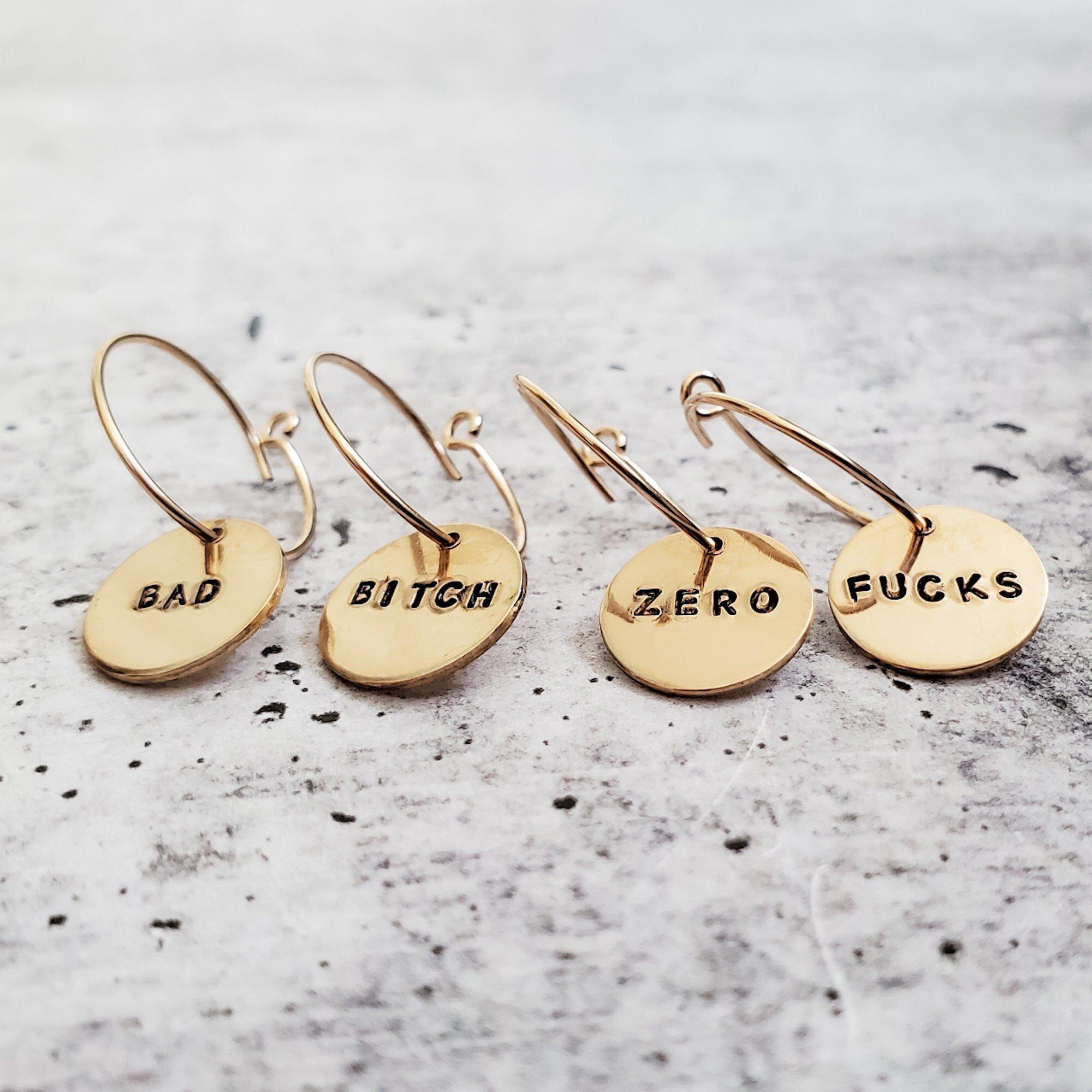 Zero Fucks Hoop Earrings Hand Stamped Statement Disc Jewelry - Image 3