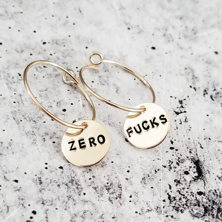 Zero Fucks Hoop Earrings Hand Stamped Statement Disc Jewelry - Image 4