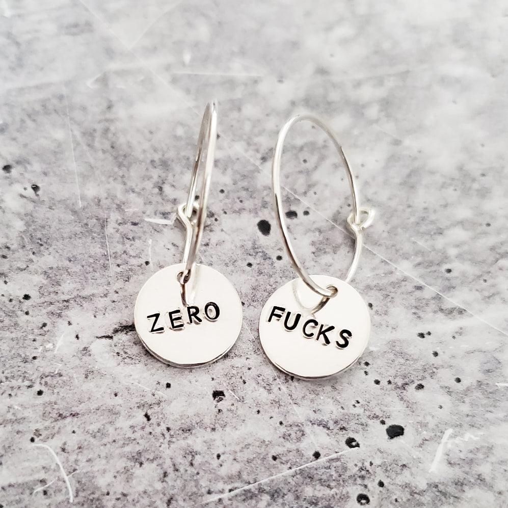 Zero Fucks Hoop Earrings Hand Stamped Statement Disc Jewelry - Image 5