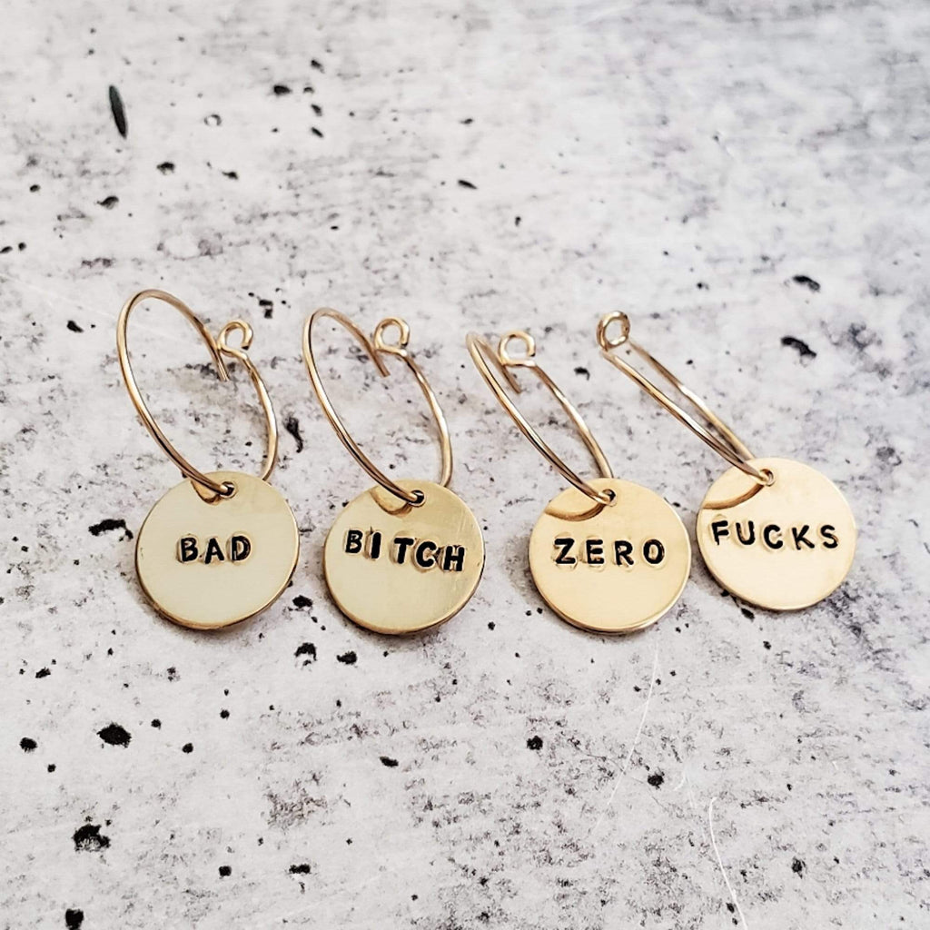 Zero Fucks Hoop Earrings Hand Stamped Statement Disc Jewelry - Image 7