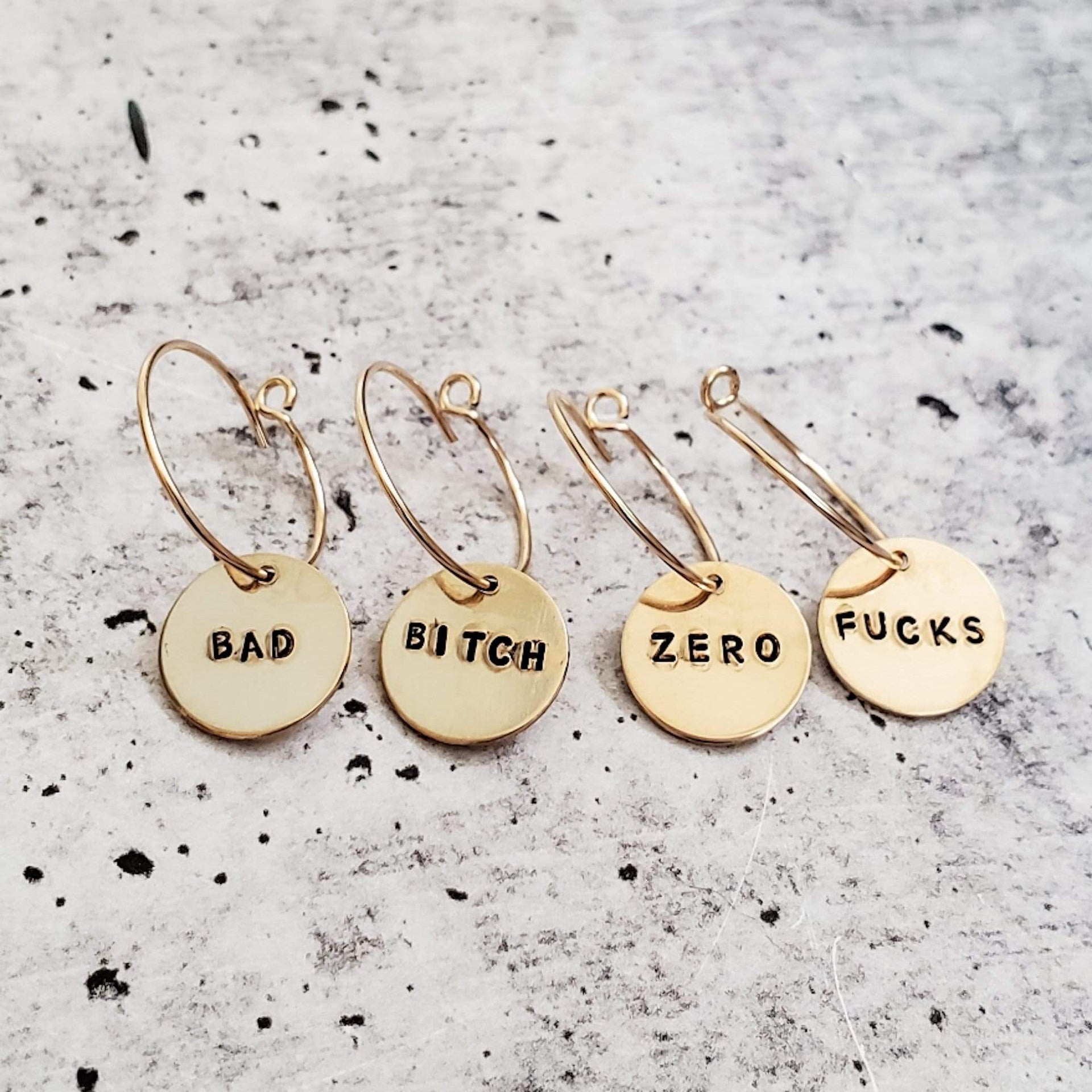 Zero Fucks Hoop Earrings Hand Stamped Statement Disc Jewelry - Image 7