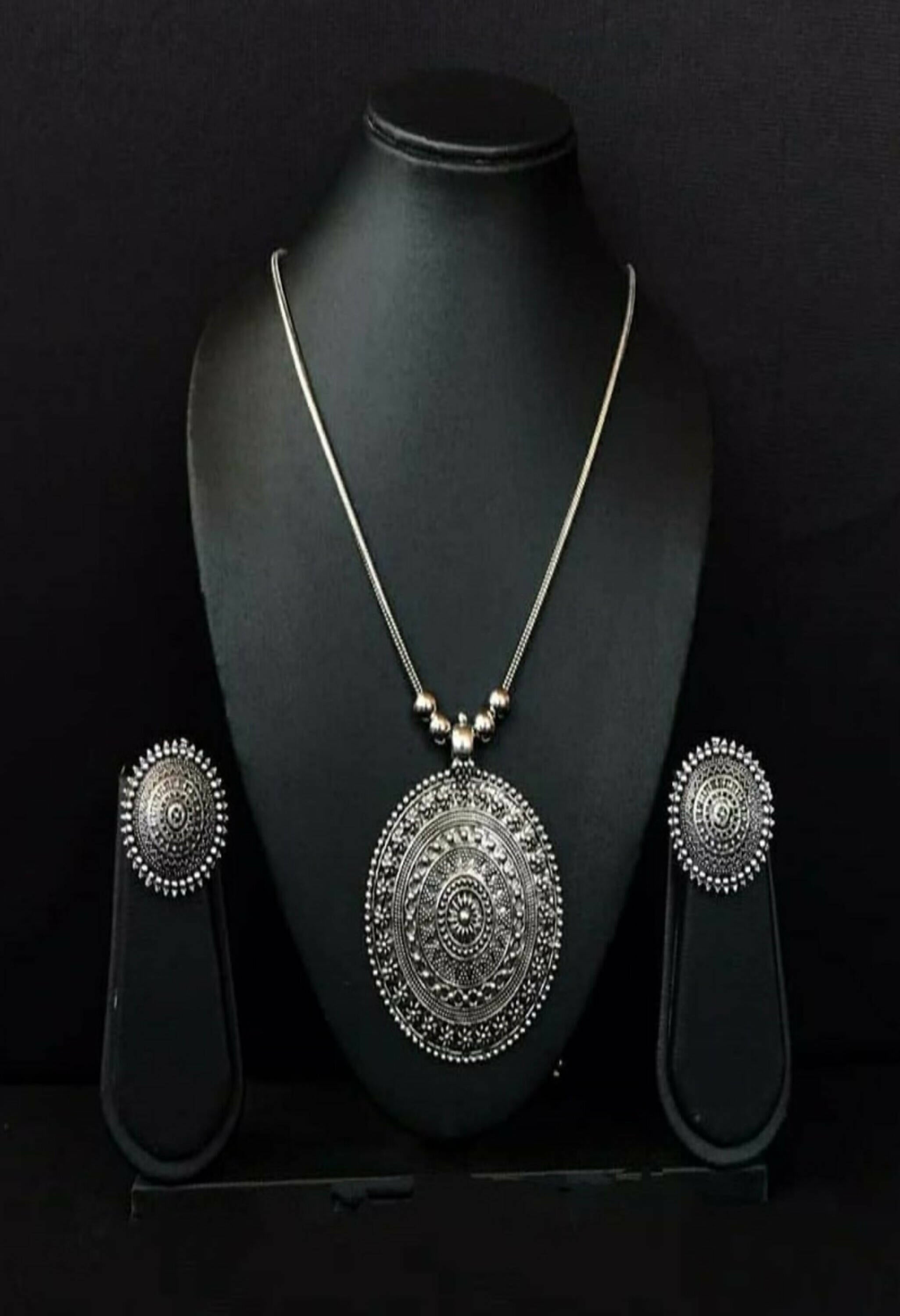 Oxidised Silver-Plated Long Chain Necklace with Matching Studs