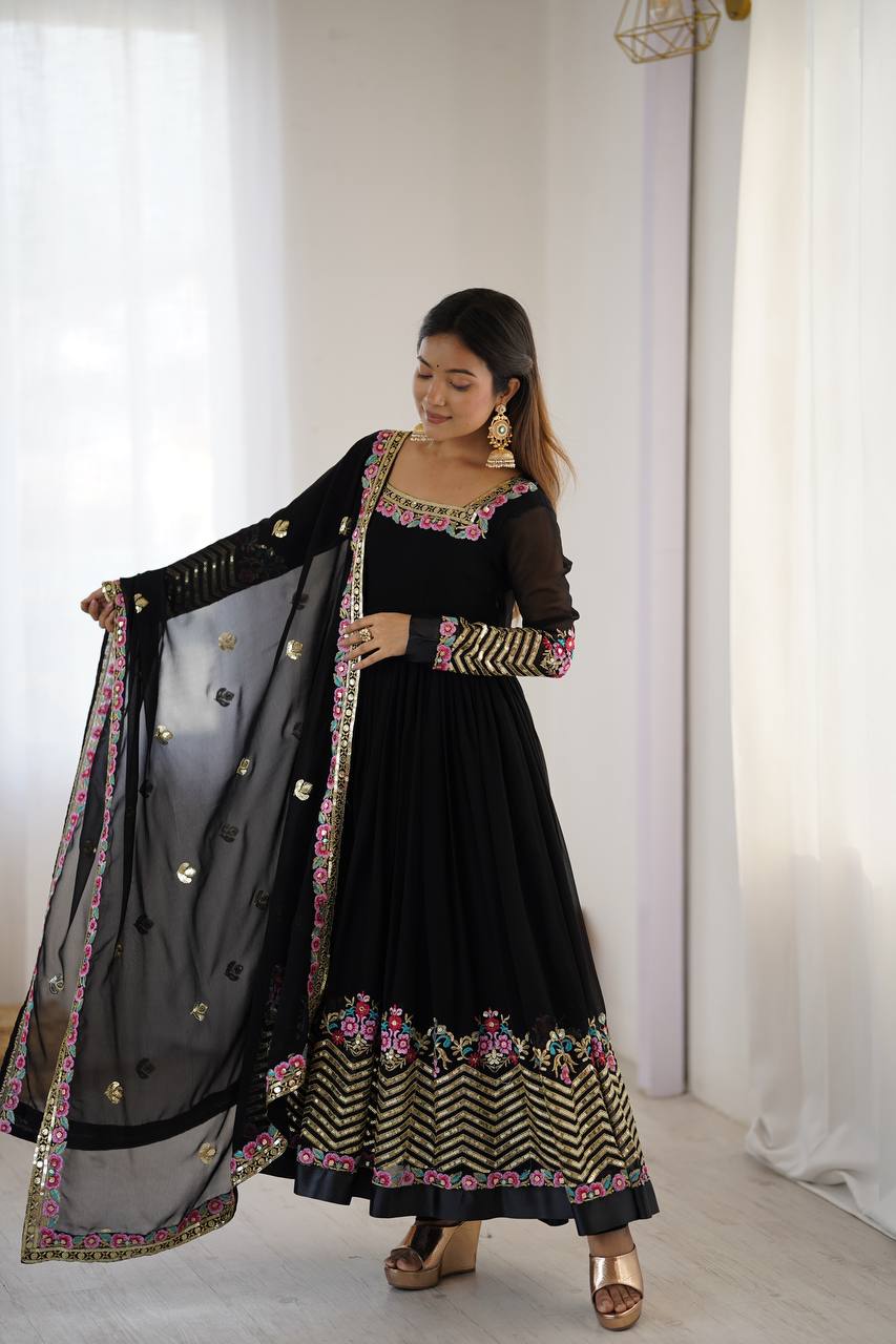 Black Georgette Embroidered Sequence Work Anarkali Suit