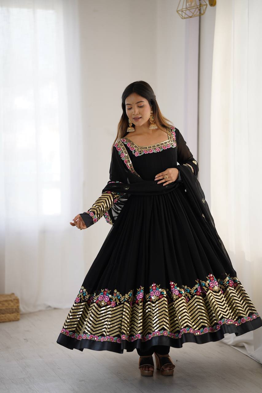 Black Georgette Embroidered Sequence Work Anarkali Suit