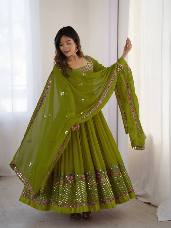 Parrot Green Georgette Anarkali Suit with Embroidered Sequence