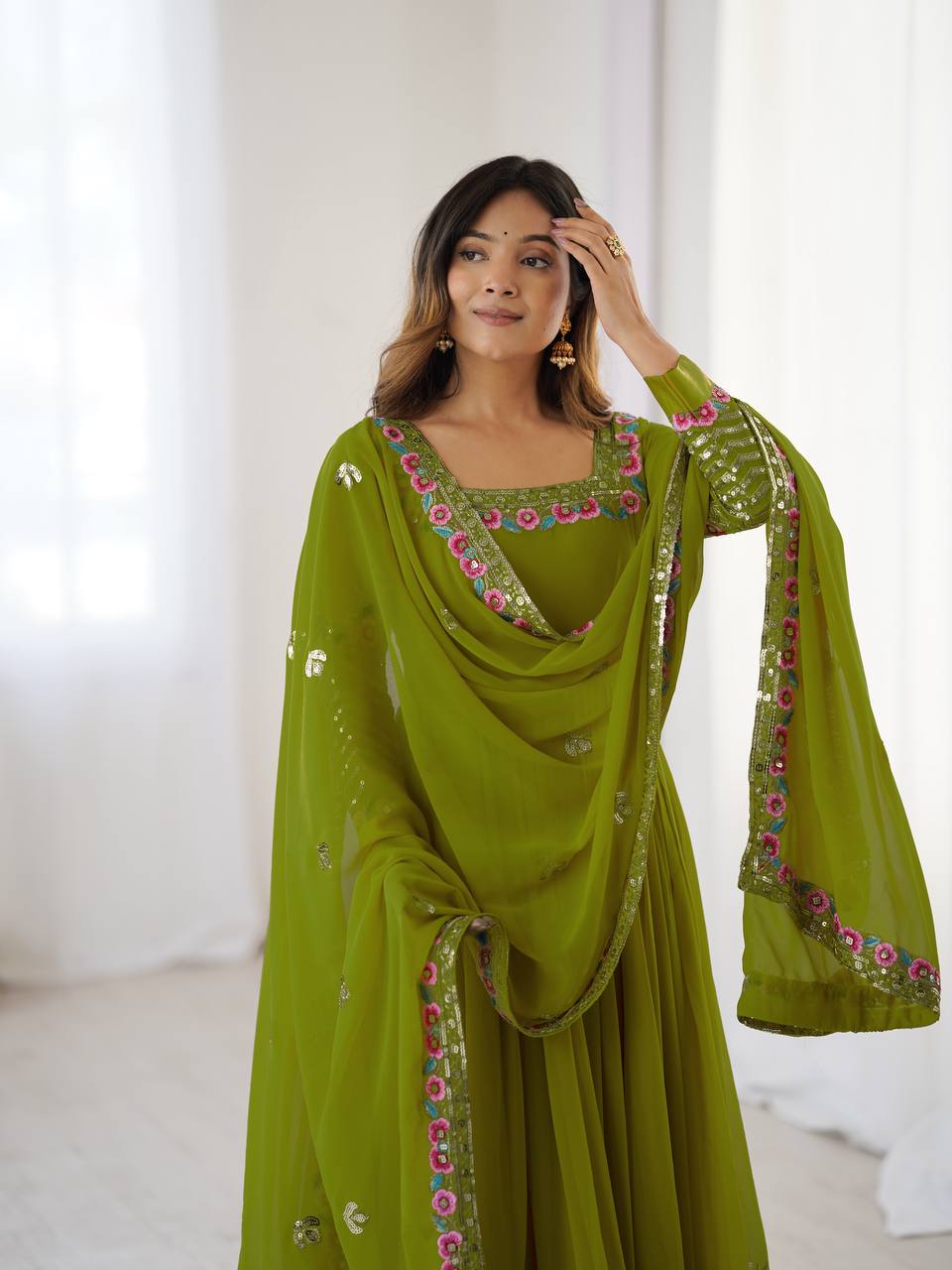Parrot Green Georgette Anarkali Suit with Embroidered Sequence