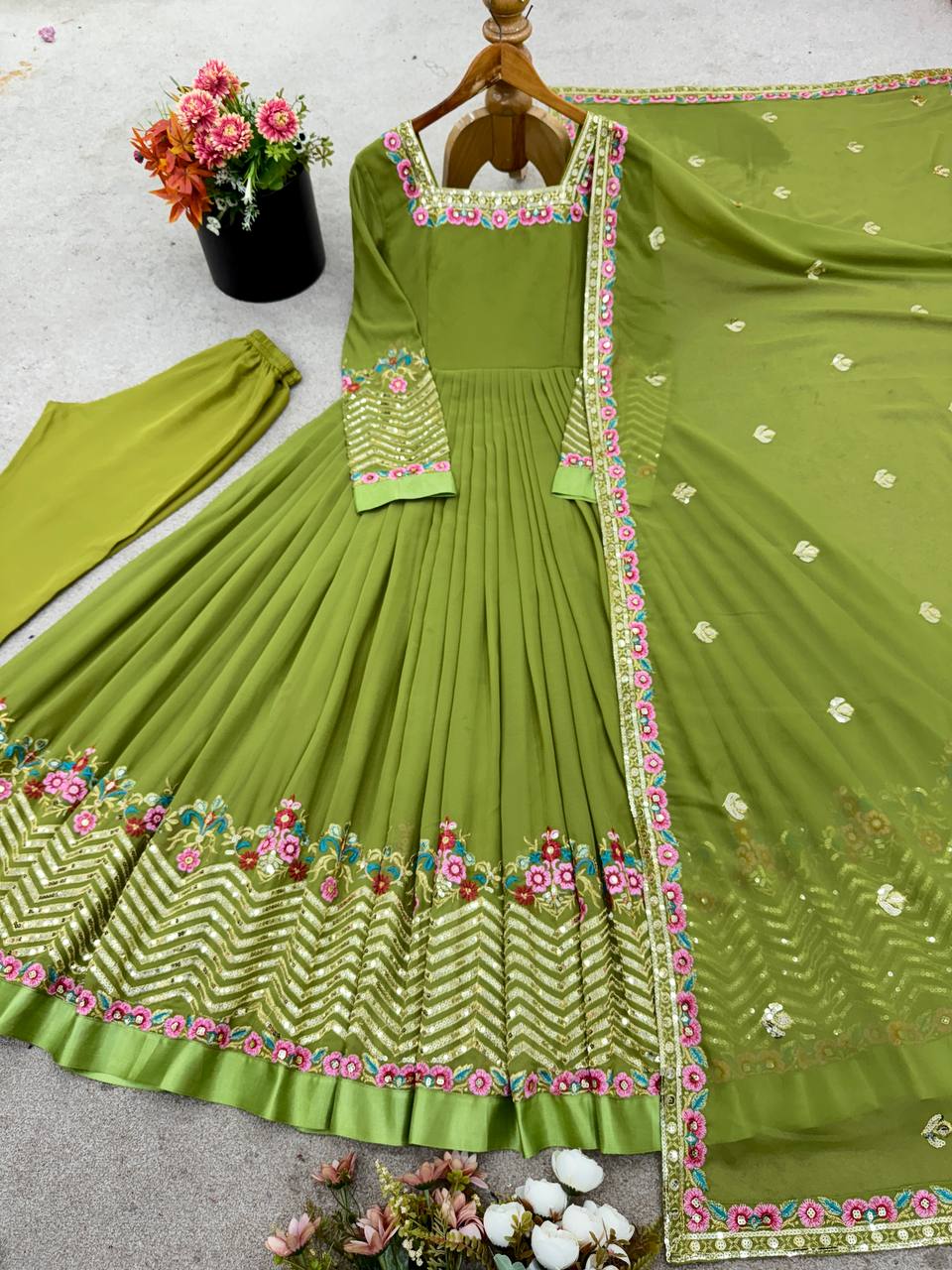 Prazu Fashion Parrot Green Georgette Embroidered Sequence Anarkali Suit