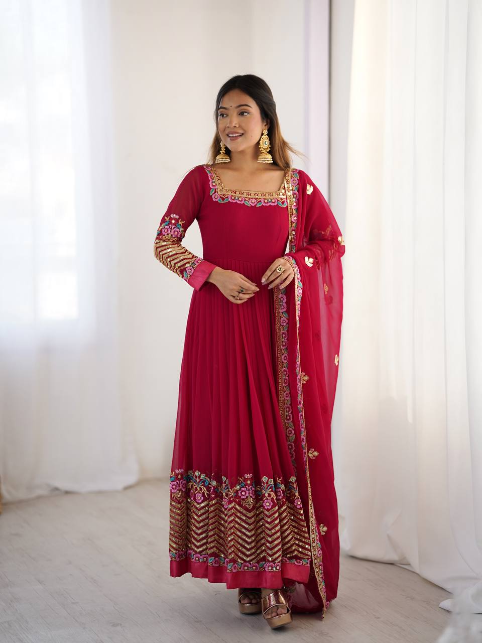 Rani Pink Georgette Anarkali Suit with Sequence Embroidery