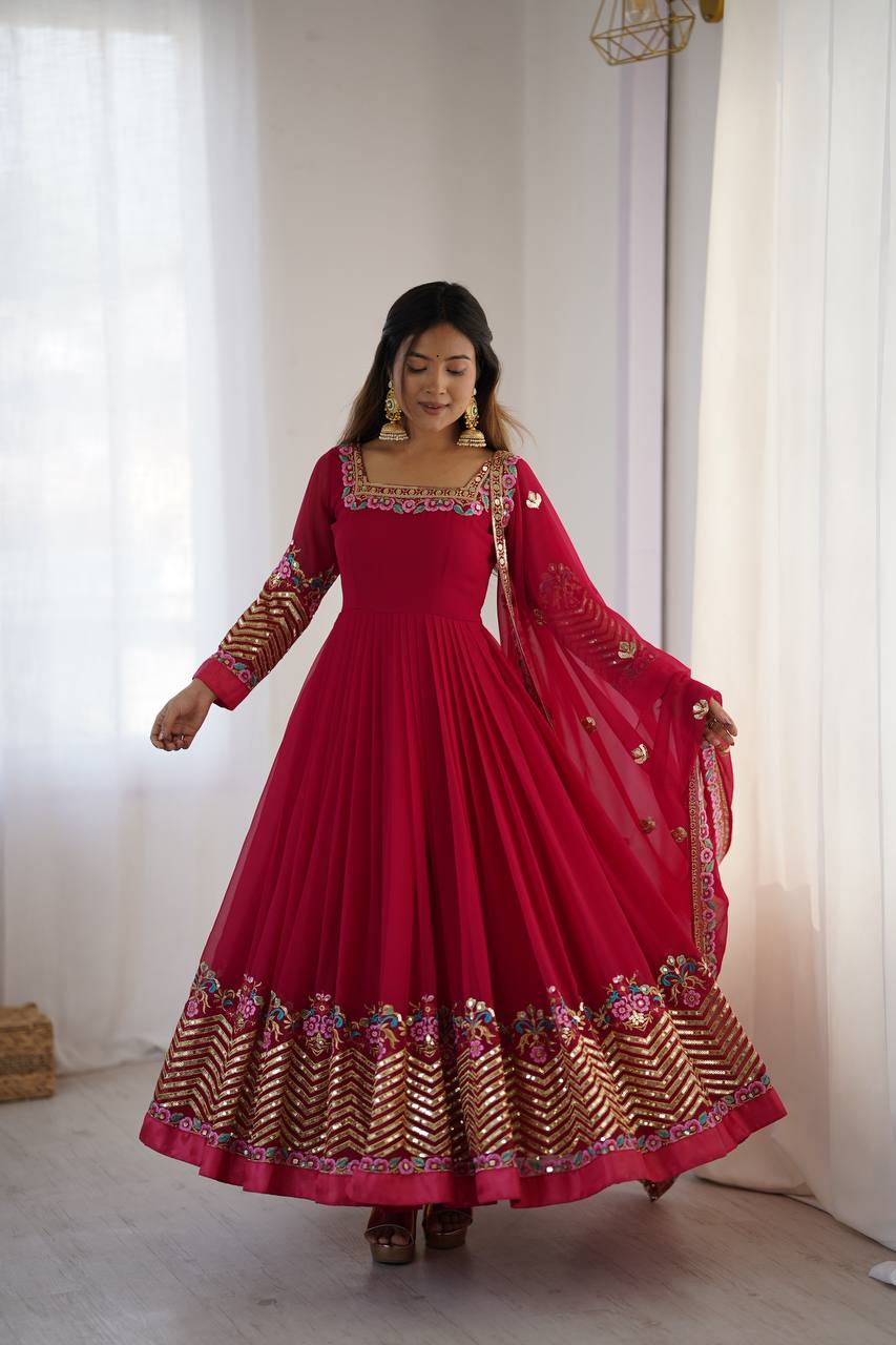 Rani Pink Georgette Anarkali Suit with Sequence Embroidery