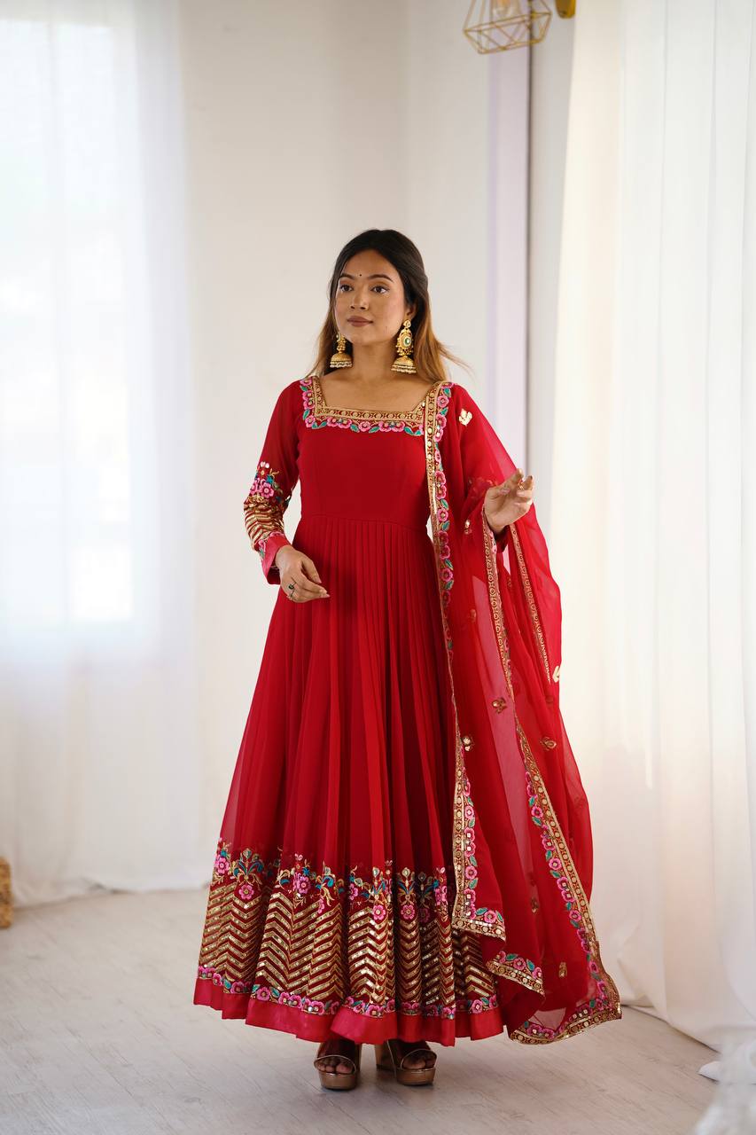 Red Georgette Embroidered Anarkali Suit with Gold Sequence