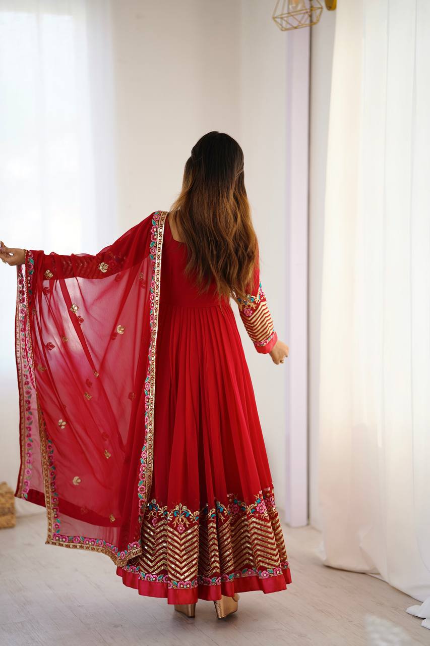 Red Georgette Embroidered Anarkali Suit with Gold Sequence